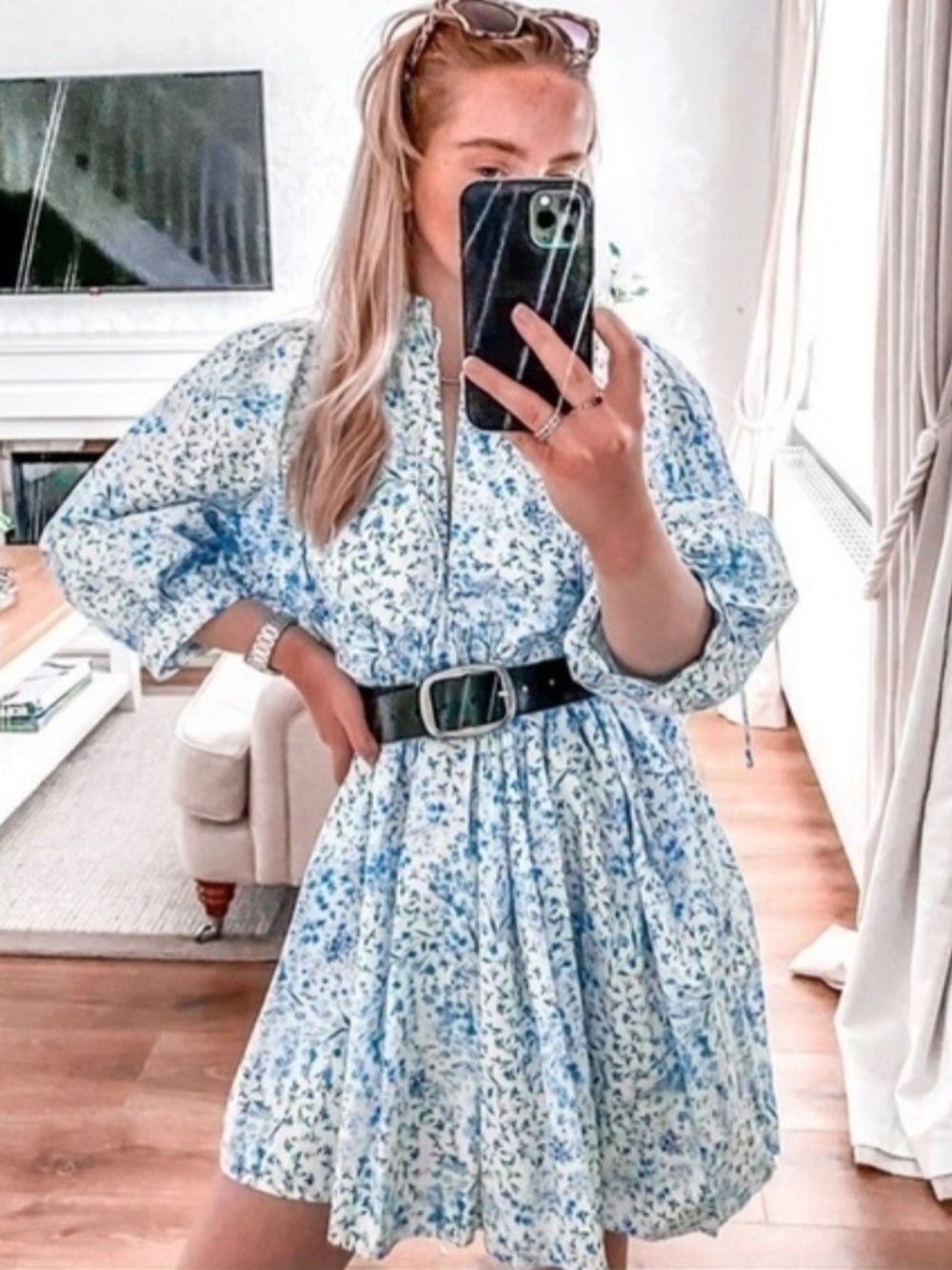 Zara Blue and White Floral Mini Dress with Puff Sleeves